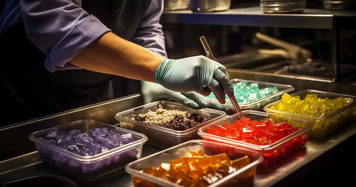A skilled edible cannabis chef meticulously arranging a variety of baked edibles and fruit gummy edibles into distinct storage containers. The chef, with his gloves on, is in the process of handling the multi - colored, cannabis - infused edibles, each placed with precision.