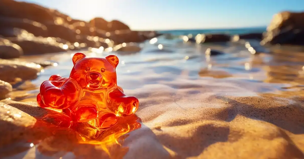 A pot gummy bear melting under the blazing sun on a beach. The gummy bear, distinctively red and orange, begins to morph and melt under the heat of the sun.