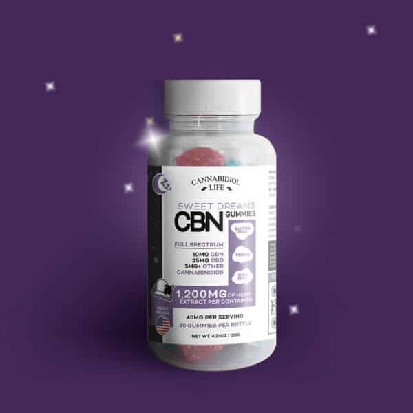 Cbn gummies cannabidiol life sweet dreams night time edibles with a dark purple background with stars glowing in the sky.