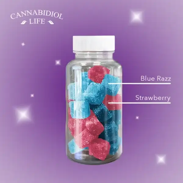 Sweet dreams cbn gummy flavor profile with white arrows pointing to the two flavors, strawberry and blue razz (blue raspberry).