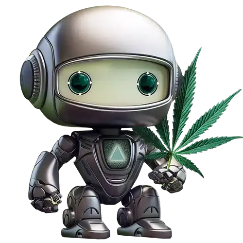 ChatCBD Ai Cannabis assistant holding a cannabis leaf. 