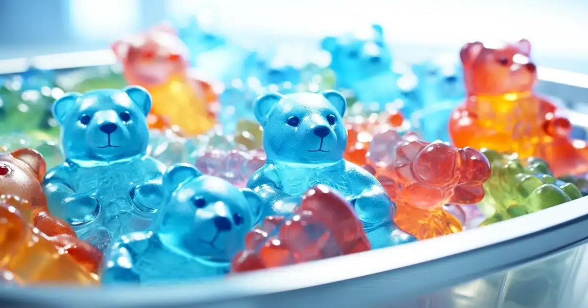 A group of weed gummies stored inside a kitchen refrigerator. The freezers frosty interior and icy shelves serve as the perfect backdrop for the blue-colored and animated cannabis gummy bears that are shivering in the cold climate.