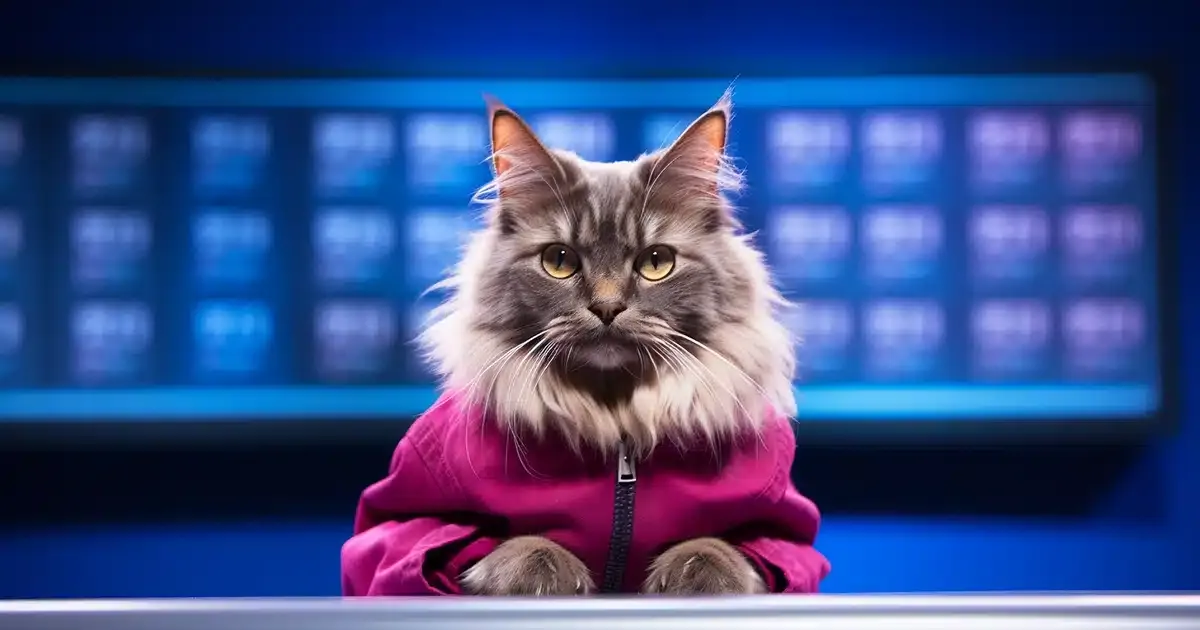 A comical, hyper - realistic image presents a cute cat as a contestant on jeopardy. The cat is sitting on a podium, paw hovering over the buzzer with a confident expression that suggests it's ready to answer any question.