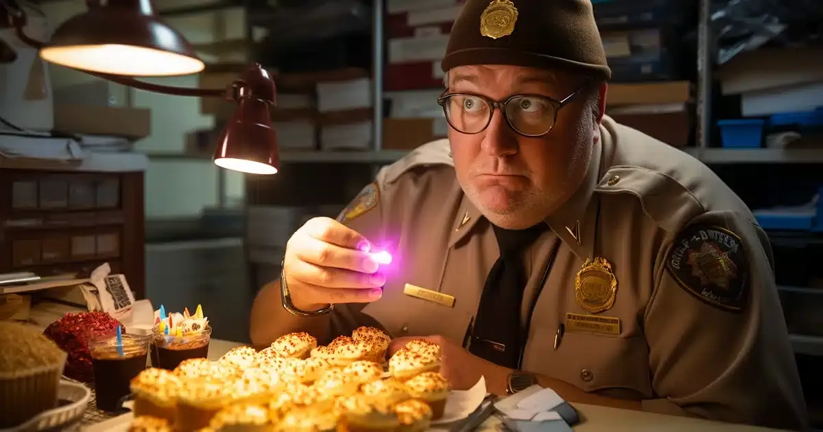 A nerdy, food-inspection safety officer, is thoroughly inspecting the expiration dates of several cannabis cakes on his desk as he uses an infrared light to help him detect food-decay; the intense look on his face infers questionability on the overall safety of the edibles for public consumption.