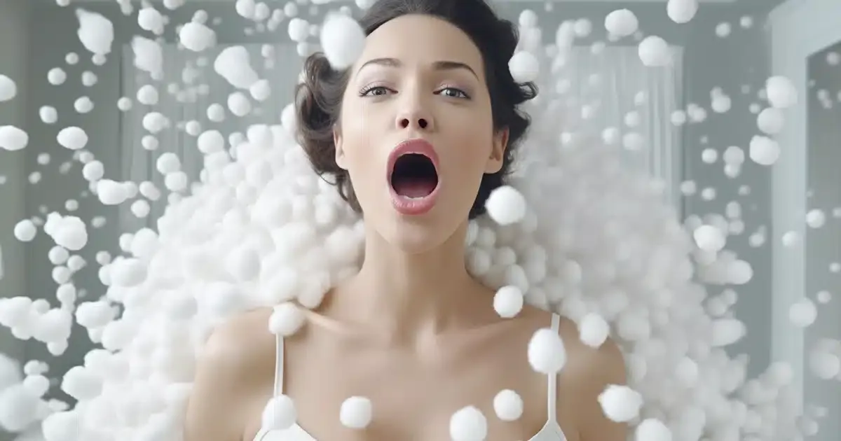Woman model with her mouth open surrounded by cotton balls by thcgummies. Com.