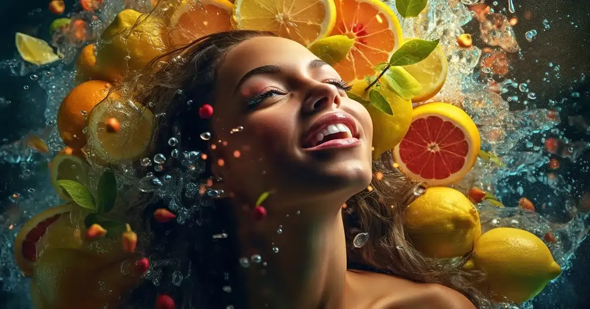 Woman submerged in citrus fruits spalshing water sialogogues by thcgummies. Com.