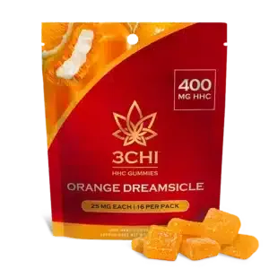 One 16-pack of 3Chi HHC gummies, orange dreamsicle flavored in a red and orange resealable mylar bag.
