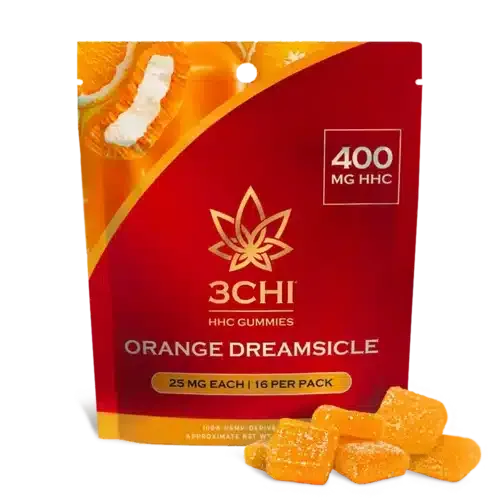 One 16-pack of 3chi hhc gummies, orange dreamsicle flavored in a red and orange resealable mylar bag.