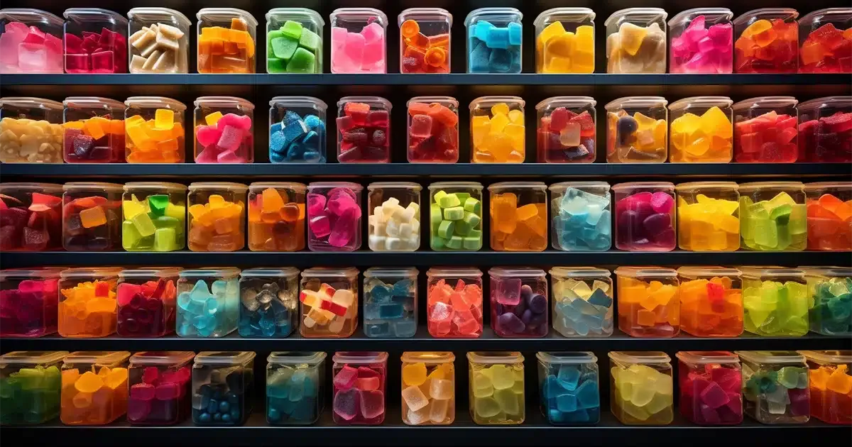A hyperrealistic, high - definition photograph capturing a colossal scene of massive cargo containers, each overflowing with radiant, vibrant gummies and a variety of baked goods. Each container is brimming with a single color of gummies, creating a rainbow effect across the rows of containers. From translucent red strawberry gummies, to shimmering green apple ones, to the royal blue blueberry gummies, and all the colors in between, the assortment creates a playful, vivid spectacle. The candies, coated in sugar, sparkle under the harsh industrial lights, making the scene all the more lively. Beside them, trays of freshly baked goods fill up other containers. Golden brown cookies, pastries, and assorted treats release a mouth - watering aroma that seems to waft off the page.
