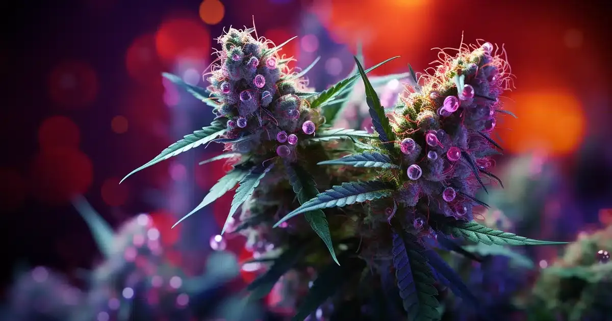 An 8k 3d - rendering of a microscopic view of cannabinoid compounds inside a cannabis plant.