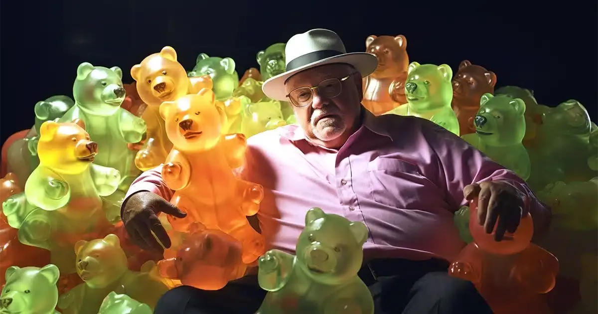 An aged, wrinkly, grandpa hangs out with youthful cannabinoid-infused gummy bears. The old gummy bear character exhibits signs of 'age' - a network of 'wrinkles' that make the texture of the gummy bear interesting and unique.
