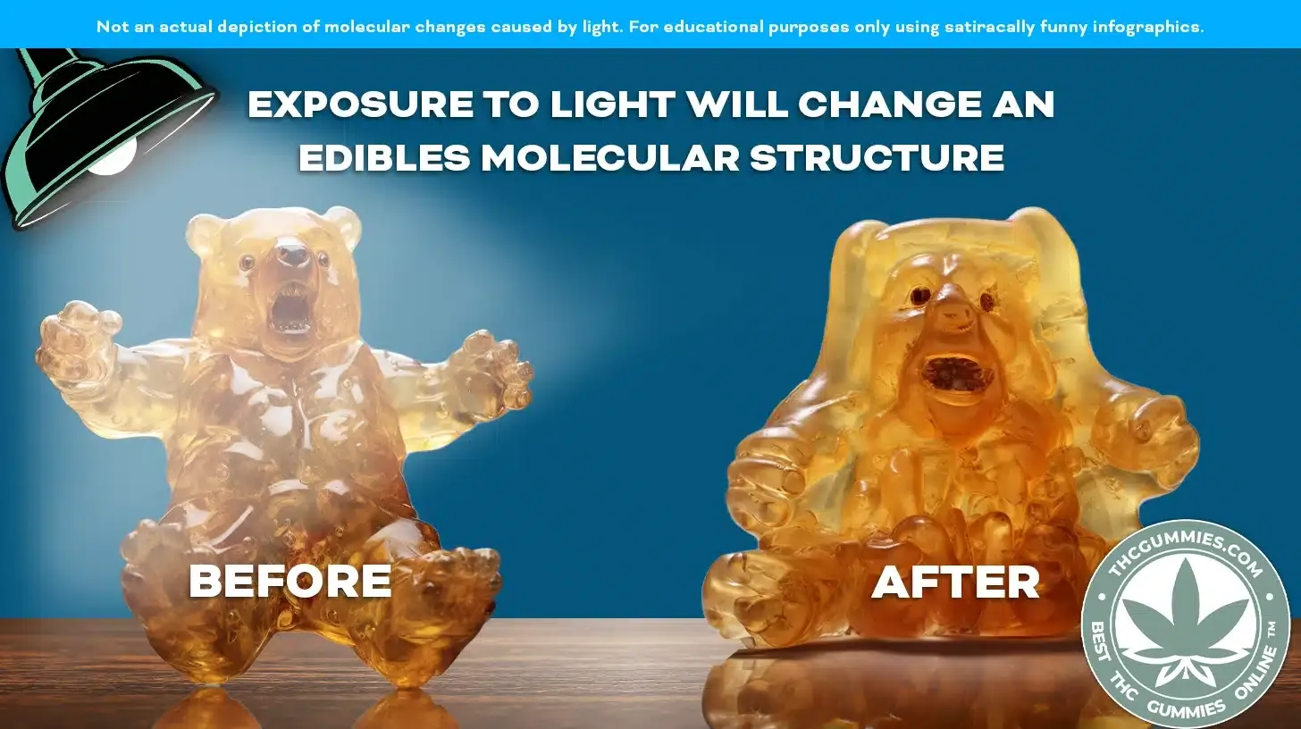 A before and after photo showing what happens to a cannabis gummy when it is exposed to too much light during storage.