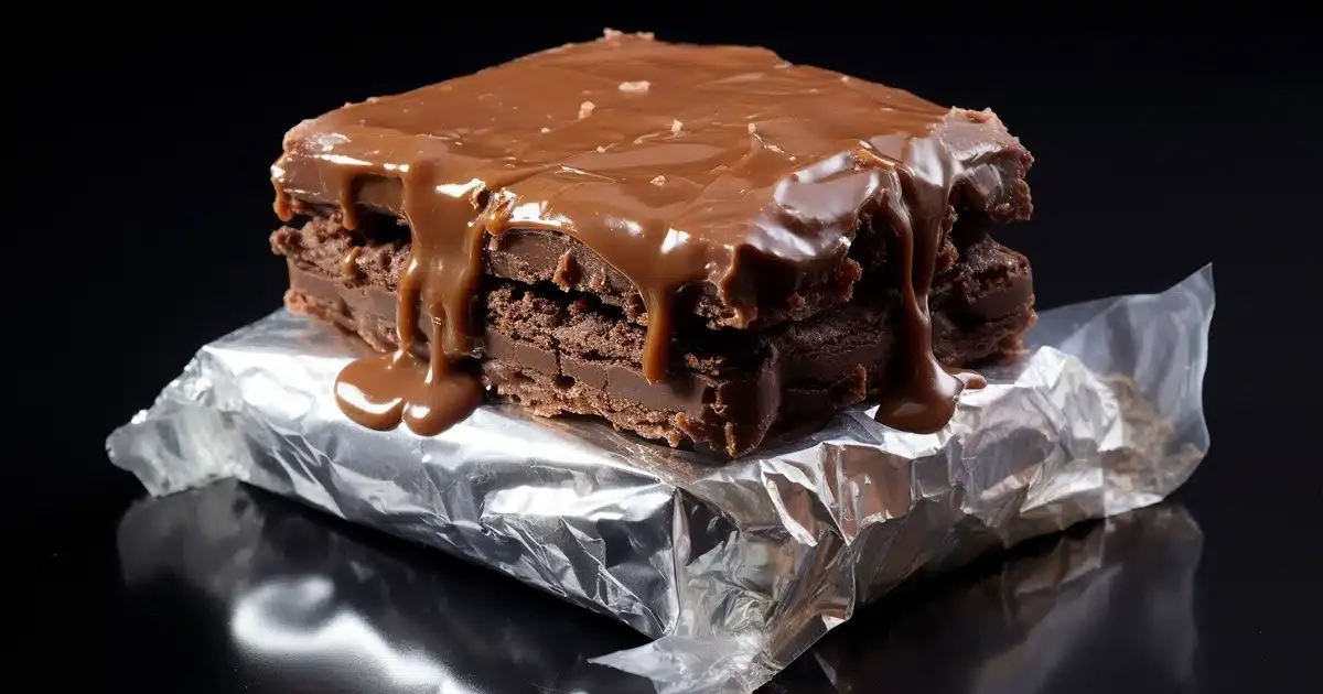 An enticing image of a brownie, carefully and tightly wrapped in a layer of saran wrap. The brownie is perfectly square and possesses an invitingly dark hue of rich, fudgy chocolate, interspersed with tiny cracks on its surface. Tiny crumbles are caught in these crevices, a testament to the moistness of the cake.