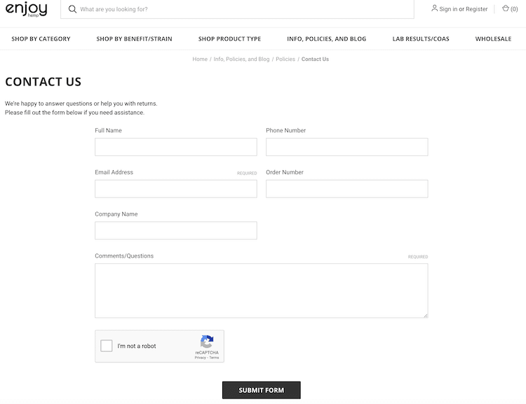 Screenshot of enjoy hemp's 'contact us' page that does not offer an email address or a phone number.
