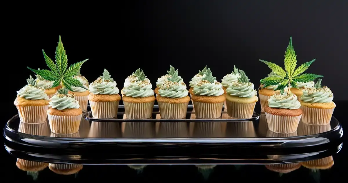 A selection of homemade cannabis cupcakes, combining the charming homemade aesthetic with the intriguing element of cannabis infusion. Each cupcake has a slightly irregular shape that speaks of their homemade origin. Their bases are a golden - brown color, visibly moist and spongy, with tiny cracks and fissures that reveal their delicate, crumbly nature. Each cake is topped with a swirl of frosting, not perfectly piped but appealingly rustic in appearance. The frosting varies in shades of green, from pale mint to deeper forest, visually signifying the cannabis infusion. Sprinkled atop the frosting are tiny cannabis leaves, expertly crafted from fondant, as a thematic decoration and playful hint to the cupcake's unique ingredient.