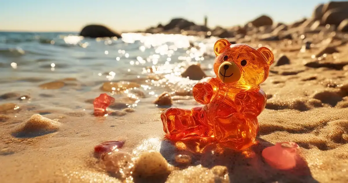 A whimsical and oblivious thc gummy bear, unaware of common cannabinoid degradation factors, goes to the beach to enjoy sunlight, heat, and fresh air.