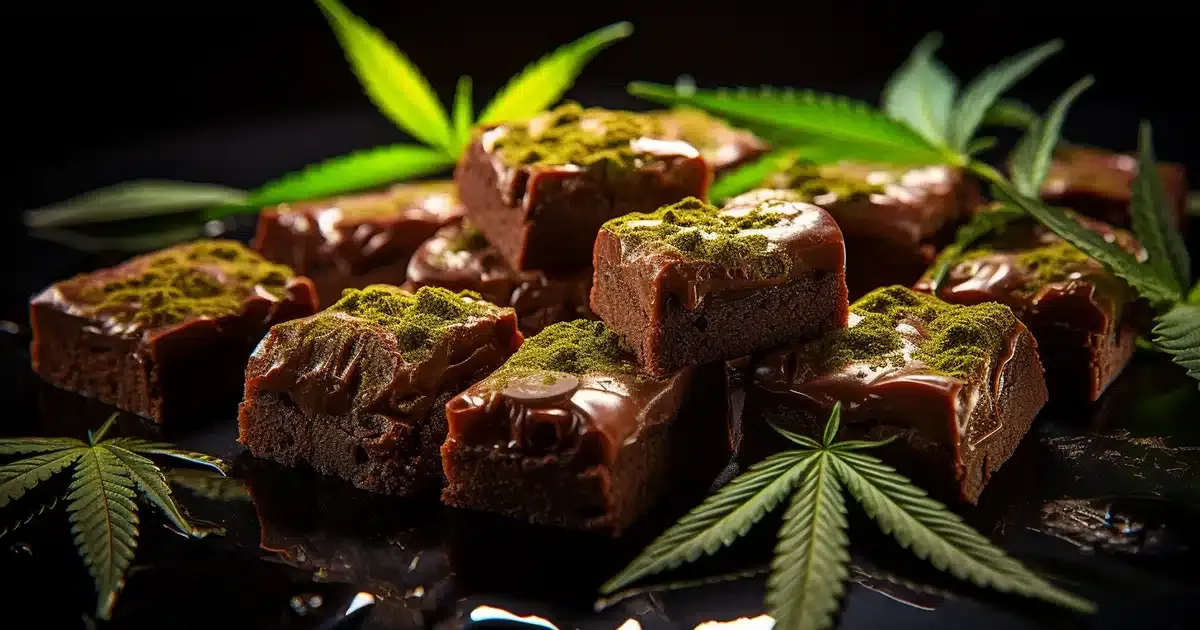 A hyperrealistic photograph portrays an array of spoiled, rancid, and smelly cannabis brownies and gummies with mold and mildew growing on them. The photograph is taken with expert lighting, throwing the products' imperfections into sharp relief. The focus is immaculate, capturing the tiniest details of the decay, making this unnerving spectacle all too real.