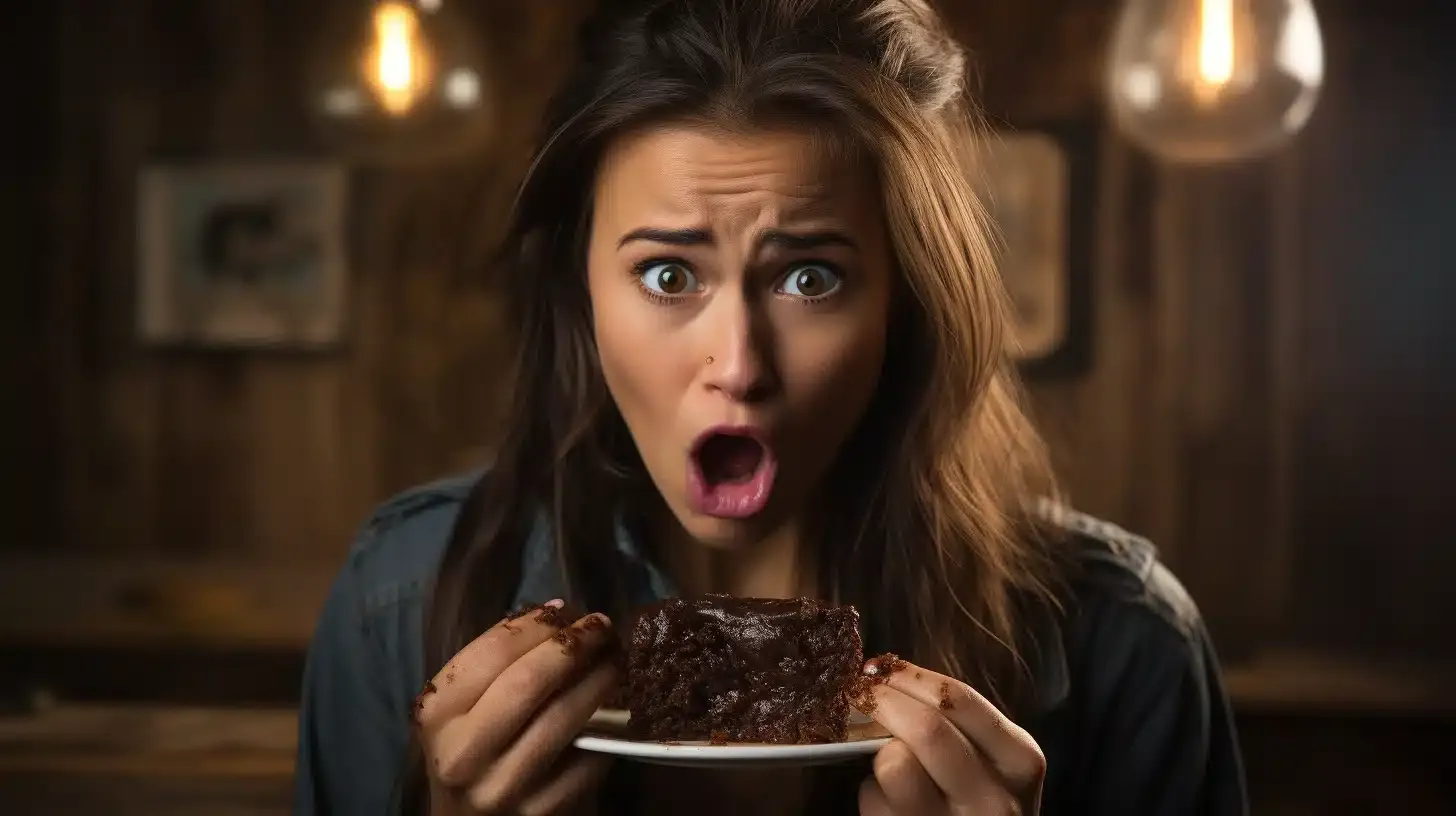 An attractive woman is disgusted upon tasting a brownie, with her facial expressions suggesting that she hates the taste! The photograph has a starkly realistic appeal, with an 8k resolution revealing even the smallest details of the scene. At the center of the frame is the woman, she's caught in the act of tasting a horrible tasting brownie.