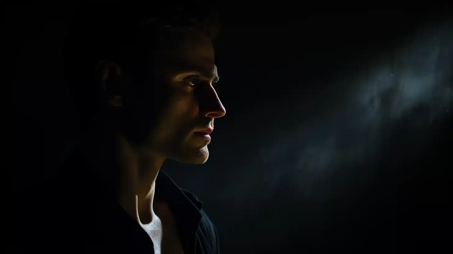 A man in a pitch-dark room, his gaze fixated on a slender beam of faint light piercing the darkness. The source of light is a small opening, perhaps a keyhole or a crack in a wall. Photo is used as a introduction of excitement into learning the key terms used in a coa.