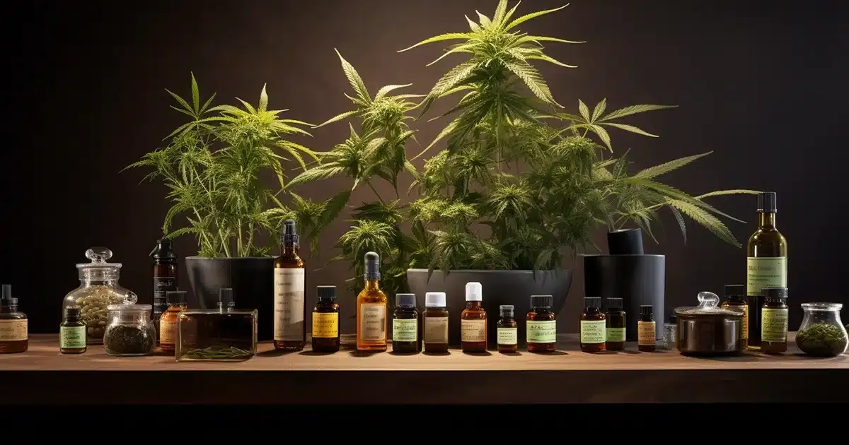 A diverse spectrum of cbd products are beautifully lined up on a wooden table with cannabis plants in the background. The image illustrates the various forms and uses of cbd-infused products within a modern apothecary setting. Every nook and cranny of this meticulous tableau resonates with the essence of well-being and the power of choice.