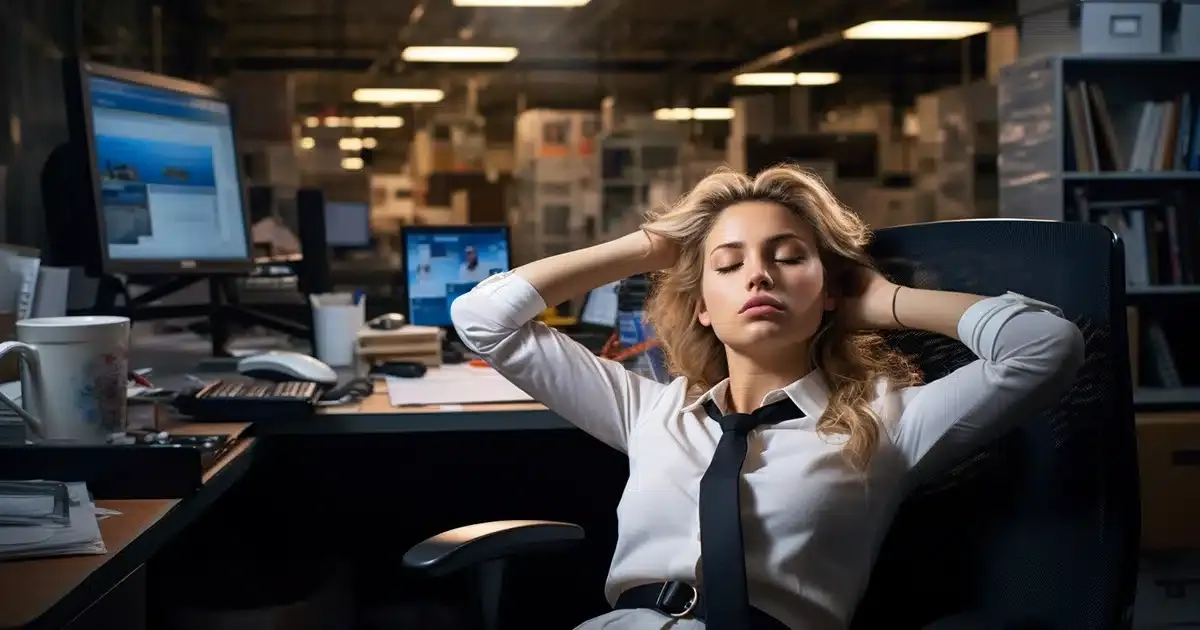 An unexpected juxtaposition of a woman assistant, who took too many cbd capsules, gets caught dozing off at her workspace. The scene contains a busy work desk, sleek office furniture, ambient lighting, and sophisticated tech gadgets. The woman, dressed in a tailored, form-fitting suit that hints at her confidence and allure. Yet, in this candid moment, her eyes are softly closed and her arms are stretched out, betraying the exhaustion concealed behind her impeccable facade. This high-resolution image masterfully shows the possible adverse effects from over consuming full spectrum cbd products; effects that can permeate even the most polished exteriors.