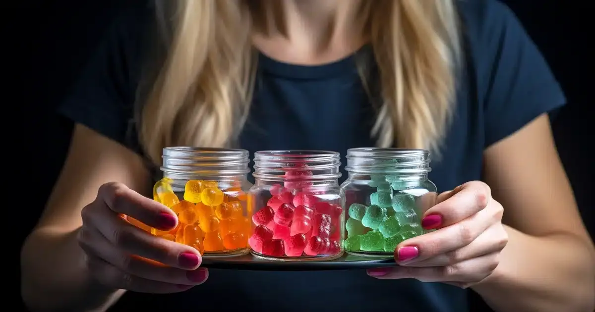 A mom with blonde hair carefully carries three different flavors of cbd gummies on a serving plate. The cbd-infused edibles are perfectly presented in glass mason jars.