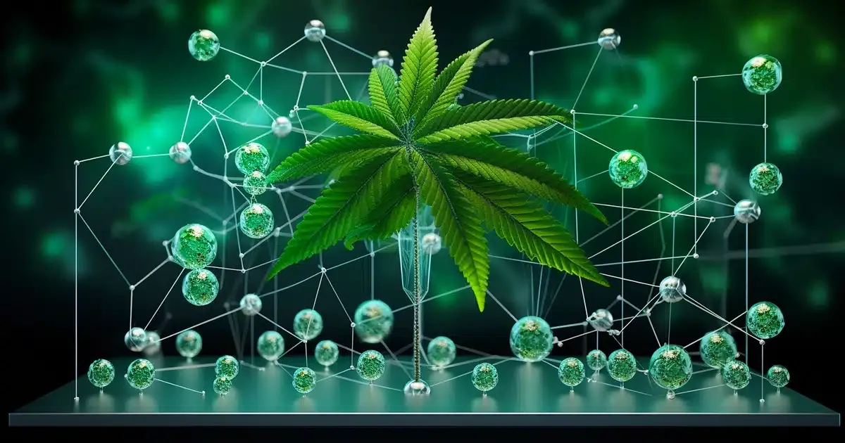 Diagram of cannabinoids pulled out of cannabis flower in little trichome clear bubbles using futuristic technology and 3d holograms.