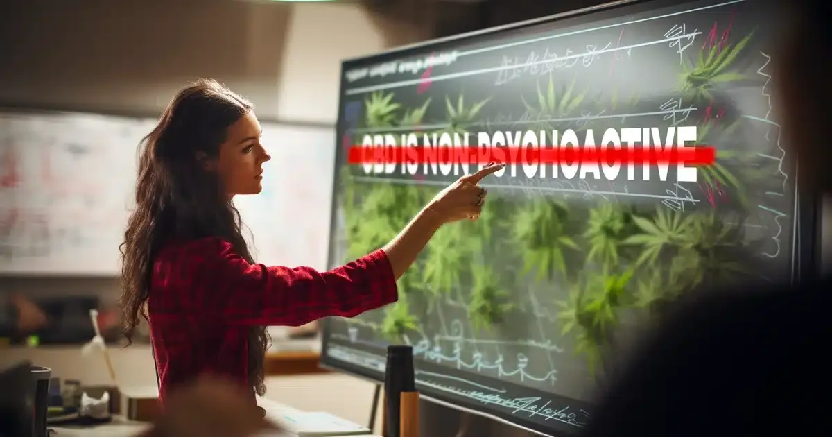 A focused female teacher confidently draws a prominent red line through a sentence that reads 'cbd is non-psychoactive. ' the teachers uses an oversized red marker to suggest that she is grading one of her students presentation boards in real time.