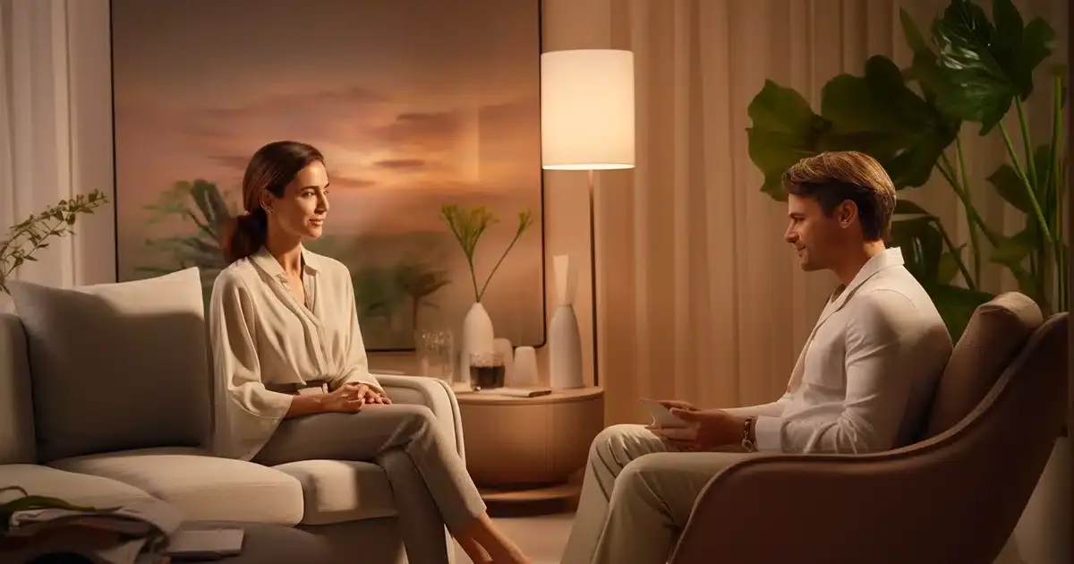 A female cannabis therapist sits poised as she speaks to a male client about the risks of long-term thc consumption. Her male client, a habitual weed user, seems relaxed as he speaks to his counselor. The room is a warmly lit counseling room, adorned with tasteful art and plush furnishings. The room exudes an aura of sanctuary and trust, enhanced by a discrete soundproofing system for utmost confidentiality. The therapist's expressive eyes, lock onto the client's, creating a deep, unspoken connection. Nearby, a tablet rests on an elegant, bamboo end table with anonymized session notes that auto-delete after the session.