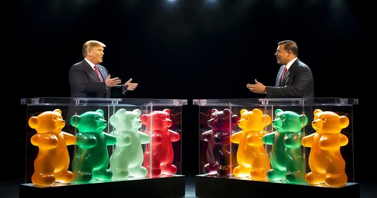 A realistic photograph that playfully reimagines a presidential debate stage where translucent CBD gummy bears stand behind their respective representatives as they debate in a satirical exchange on whether CBD is psychoactive or if CBD is non-psychoactive. Donald Trump is satirically representing the CBD gummy bears that claim that CBD, is indeed, a Psychoactive substance.