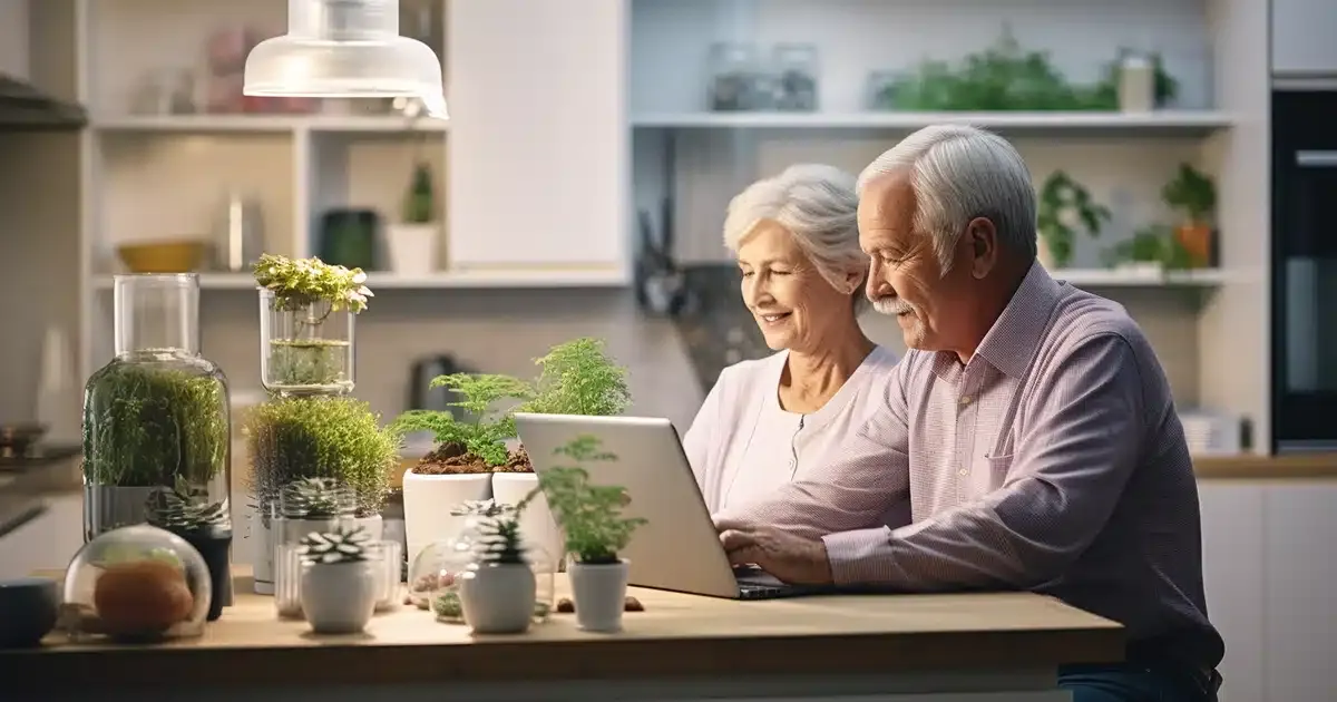 An elderly couple, sitting side by side in the familiar setting of their cozy living room, engrossed in analyzing cbd products on a desktop computer. The computer screen, brightly lit, showcases various cbd offerings, with detailed descriptions, user reviews, and price points, all rendered in crisp clarity. The gentleman, with silver hair and glasses perched on the bridge of his nose, leans in slightly, pointing at a particular product with genuine curiosity. Beside him, the lady, her hair in a neat bun, adjusts her own set of reading glasses, jotting down notes on a nearby pad. The room exudes warmth, adorned with personal mementos, family photographs, and well - tended houseplants that softly frame the scene. The ambient light from a nearby window drapes the couple in a gentle glow, emphasizing the lines of wisdom on their faces and the shared moments of discovery in their eyes.