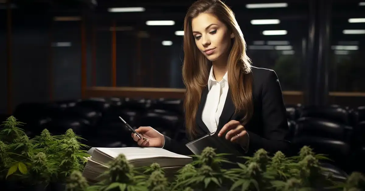 A female attorney is wearing a business suit as she smiles and reviews local and federal laws on marijuana and hemp-derived compounds in a federal building. The smile on her face insinuates that she loves her job or that she is enjoying the legal information on cannabis derivatives, isomers, and synthetic, lab-made alternative cannabinoids.