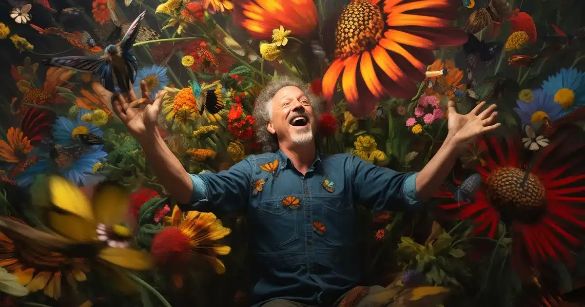 The transformative moment of profound relief, as an older man with grey curly hair, once weighed down by the chains of chronic pain, rediscovers joy and vitality post-cbd consumption. The entire tableau exudes a sense of rebirth, merging the nuances of human emotion with the therapeutic allure of nature and cannabinoid-infused supplements.