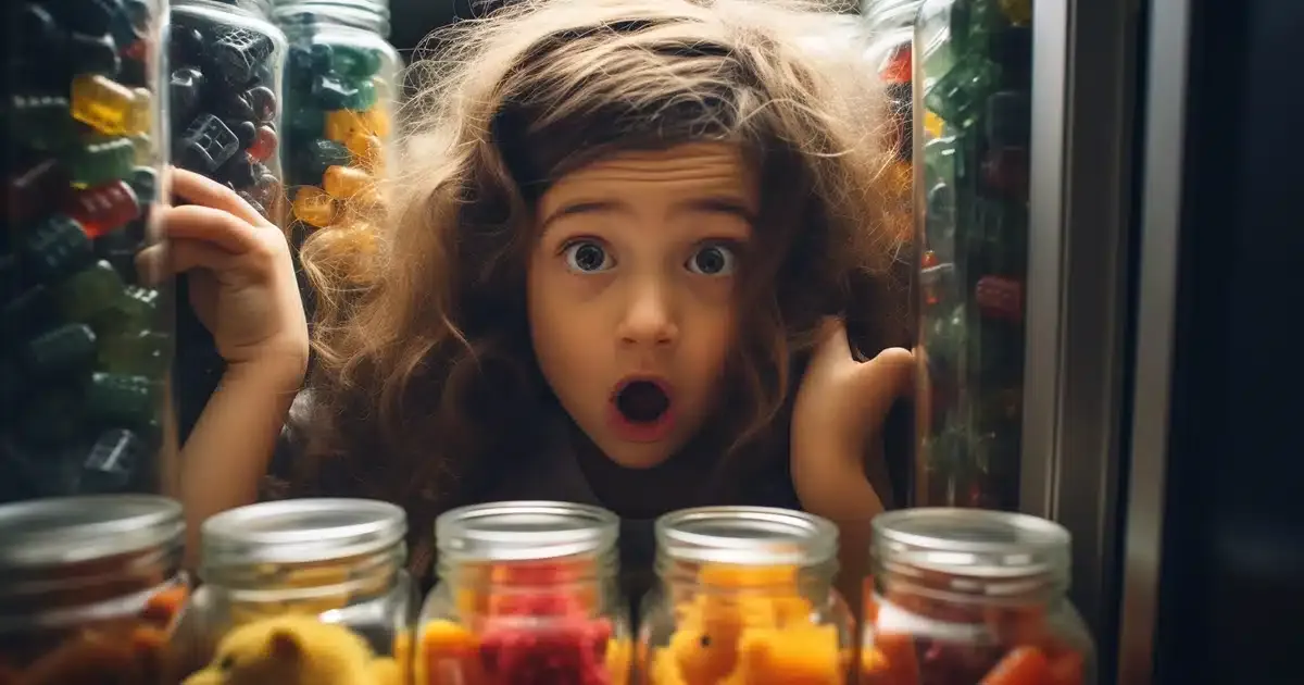 A young girl with a cascade of curly hair stands in a moment of unexpected discovery. Her wide eyes and slightly open mouth convey a clear message: "oh my goodness, look at all these gummies! " in front of her are four jars of cbd gummies, their colorful allure easily mistaken for ordinary candy. This image underscores the imperative need to store cbd products, particularly cbd edibles, in a safe and inaccessible location from children and pets. Given their resemblance to everyday treats, such products can be inadvertently tempting to children, emphasizing the importance of cautious and proper storage.