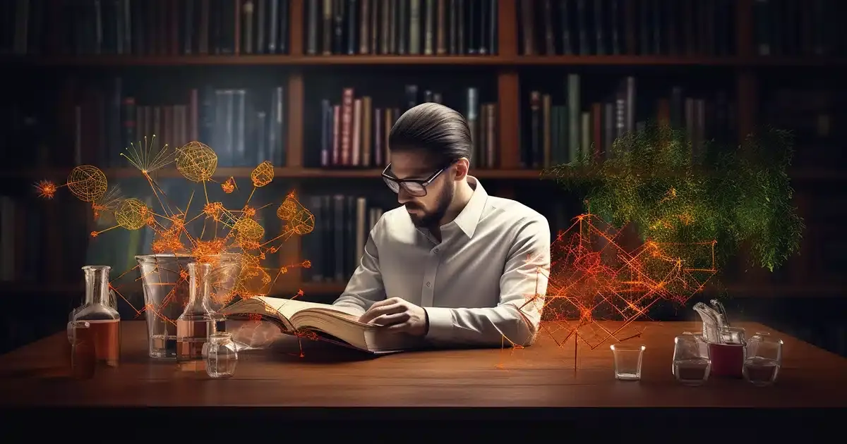Illustrating the concept 'understanding the abcs of cbd. ' in the forefront of the image, a thoughtful man with bifocals sits in a library at a wooden glass desk, intently studying a large, open book titled 'cbd for dummies. ' the pages visibly contain vivid illustrations of hemp plants, molecular structures, and cbd oil droplets. Each page has bold letters such as 'a for anandamide', 'b for bioavailability', and 'c for cannabinoids. ' to the man's right, there's a small collection of cbd products; a tincture bottle, capsules, and a topical cream. Each product's label is clearly defined, and they're accompanied by small description cards detailing their uses and benefits.