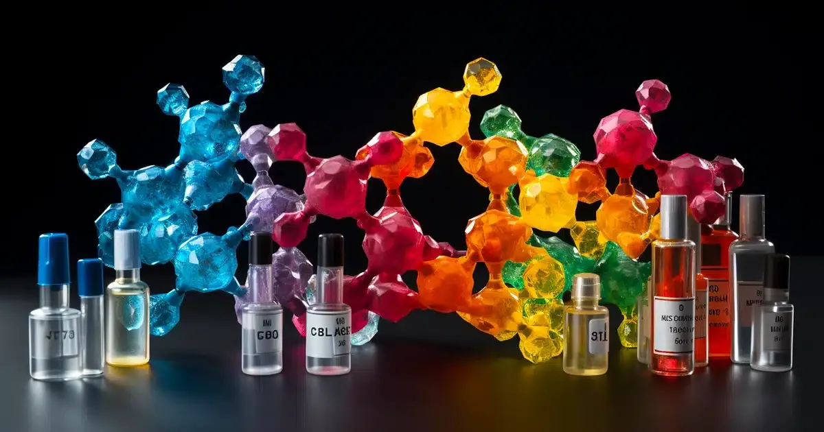Pestices in bottles with their 3d molecules on display by thcgummies. Com.