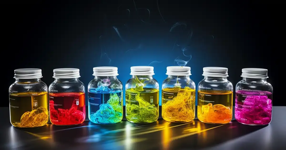 Seven lab bottles filled with residual solvents in different colors by thcgummies. Com.