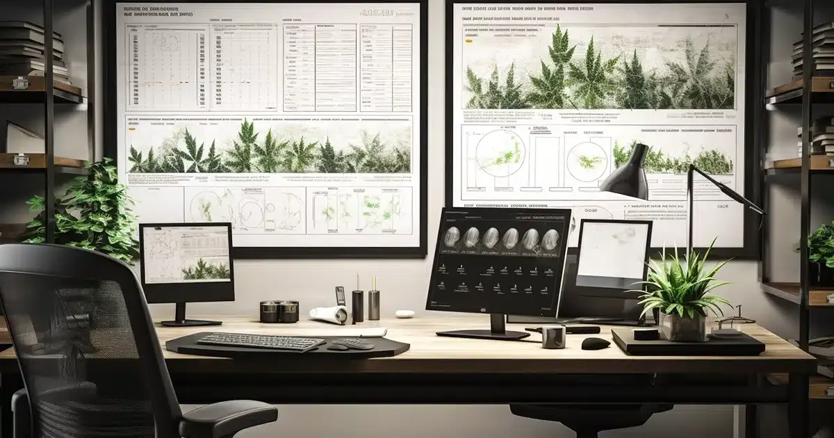Several cannabis analysis tests displayed in a laboratory office by thcgummies. Com.