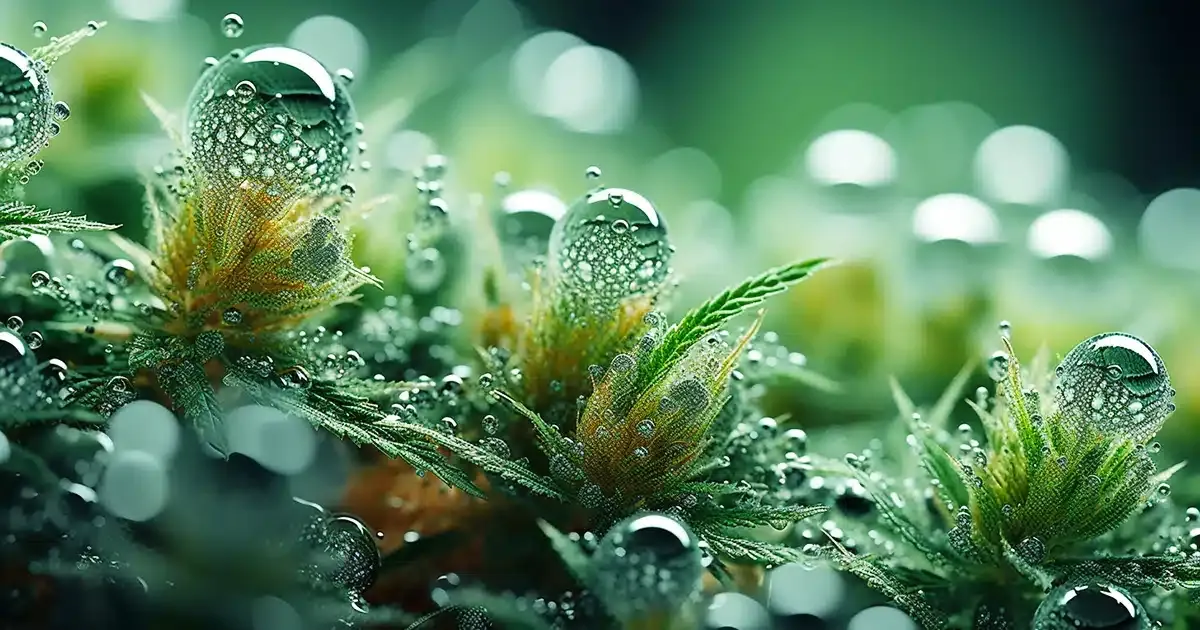 Water droplets on hemp plants illustrating moisture content by thcgummies. Com.