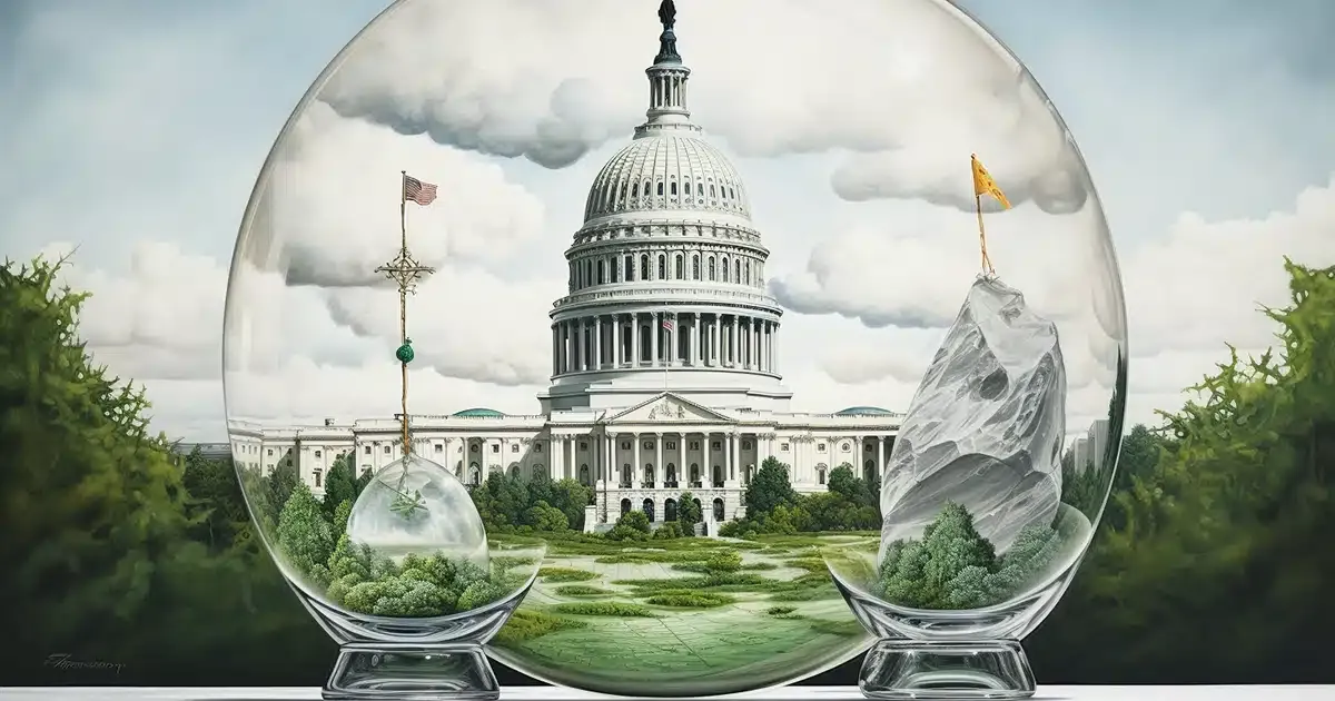 The interplay between local and federal laws on cannabidiol. The background shows the u. S. Capitol building and the scene is divided into two contrasting halves. On one side, the federal perspective is symbolized by a grand marble edifice reminiscent of national governance structures, with documents bearing official seals and inscriptions referencing the farm bill and dea classifications. The other half showcases a diverse patchwork of town halls, local courtrooms, and cityscapes, each piece representing different states and their varied stances on cbd.
