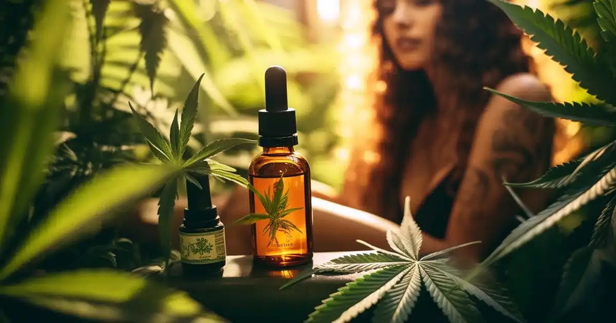 The scene is set in a sunlit cannabis garden filled with vibrant plants, suggesting a natural setting that mirrors the organic nature of CBD. In the center of the image, an woman with tattoos is seen in a moment of serenity, holding a CBD tincture with an expression of curiosity suggesting she is wondering, "what is CBD?" Her face is illuminated by a gentle, radiant glow from a nearby window, emphasizing clear skin and a relaxed demeanor. The background is a serene garden of cannabis plants, accentuating the calming environment.