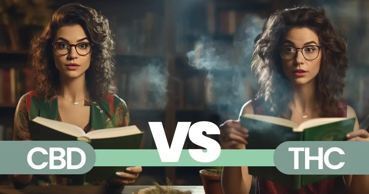 The image shows a split-screen of the same woman in two scenarios. On the left, labeled 'cbd,' she is clear-eyed and focused, studying a book in a well-lit, scholarly environment. On the right, under 'thc,' she appears relaxed with a light haze around her, still holding a book, but with a dreamy, unfocused gaze, suggesting the contrasting effects of cbd and thc.