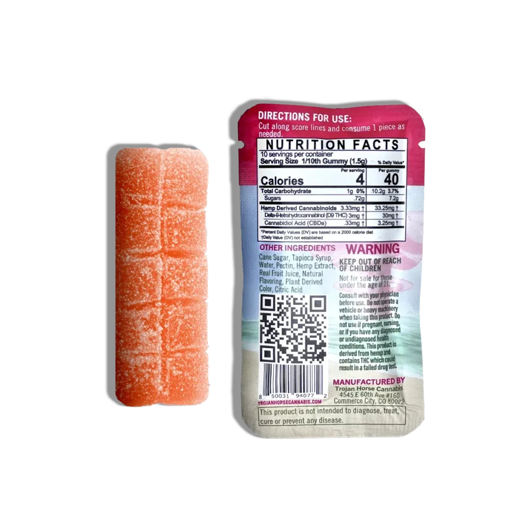 Trojan horse cannabis thc gummy product is shown with the back of the label in focus. This section of the product label offers directions of use, nutrition facts, ingredients list, warnings, qr code to lab test, upc code, contact information of the manufacturer, and disclaimers; perfectly executed for compliance and consumer safety.