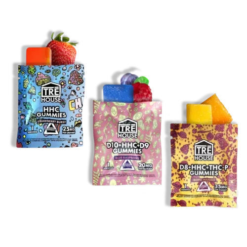 3 types of THC gummy sample packs made by TREHouse. Each edible sample pack has the top open with the respective gummy sticking out of the top to give the viewer an idea of what the gummy looks like.