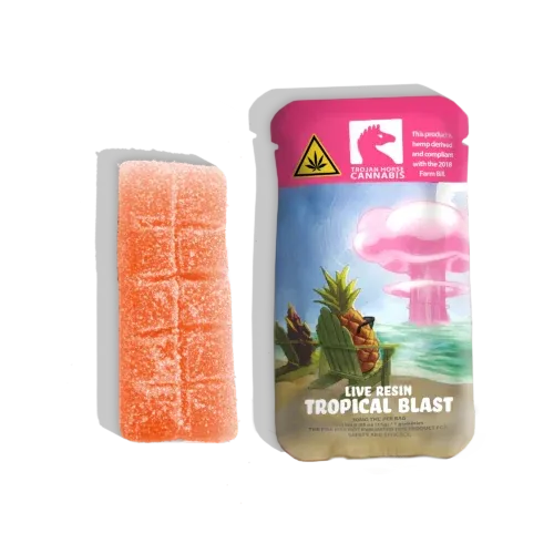 The clearet look at the outside and the inside of Trojan Horse Cannabis Live Resin THC Gummy Single Packs. WIth Eye Catching colors on the product label and unusually but extremely helpful dose scored engraved into the gummy, users, readers, and viewers can only get excited when viewing this photo.