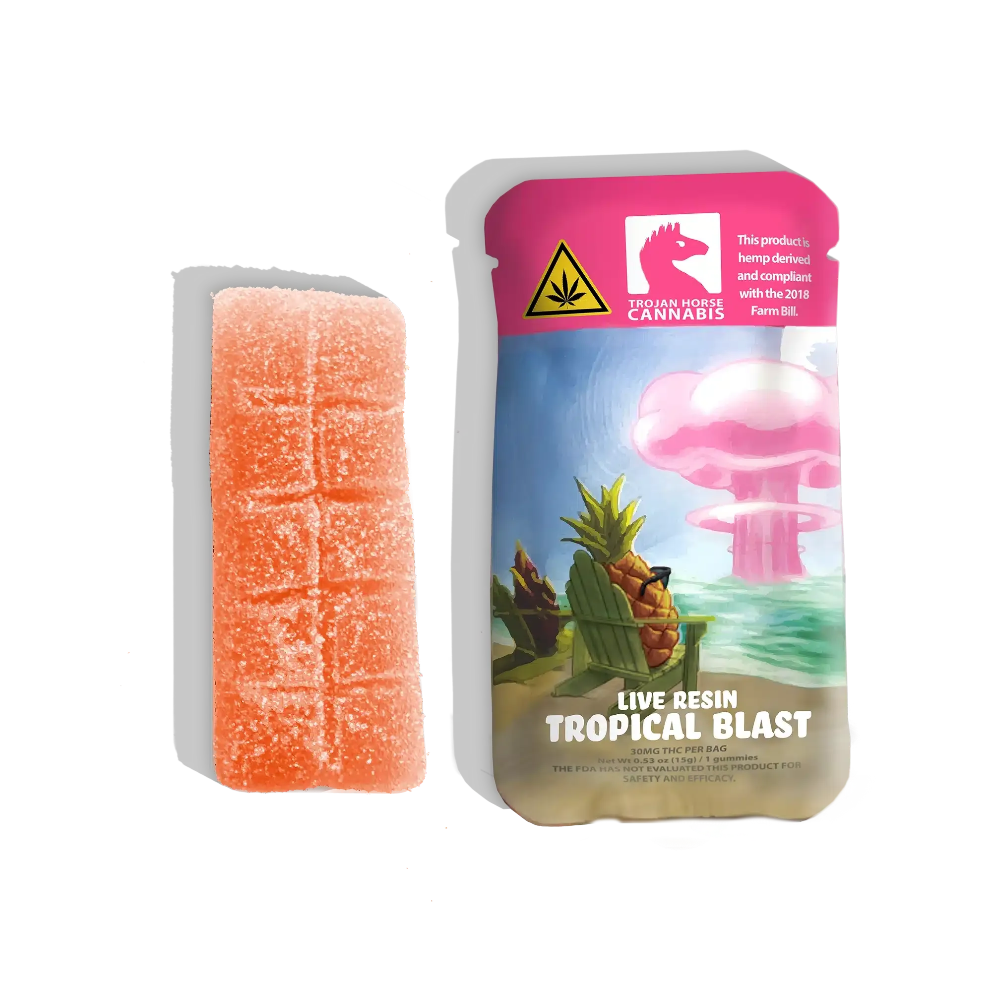 The clearet look at the outside and the inside of trojan horse cannabis live resin thc gummy single packs. With eye catching colors on the product label and unusually but extremely helpful dose scored engraved into the gummy, users, readers, and viewers can only get excited when viewing this photo.