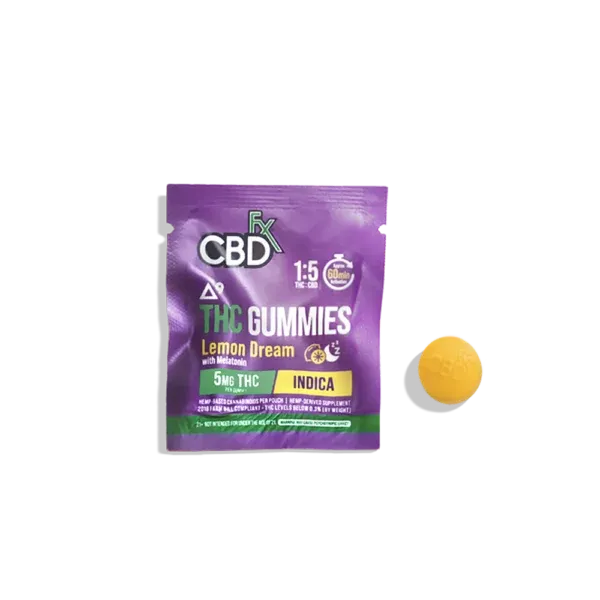 1-pack of cbdfx lemon dream indica gummies 5mg displayed on a white background.