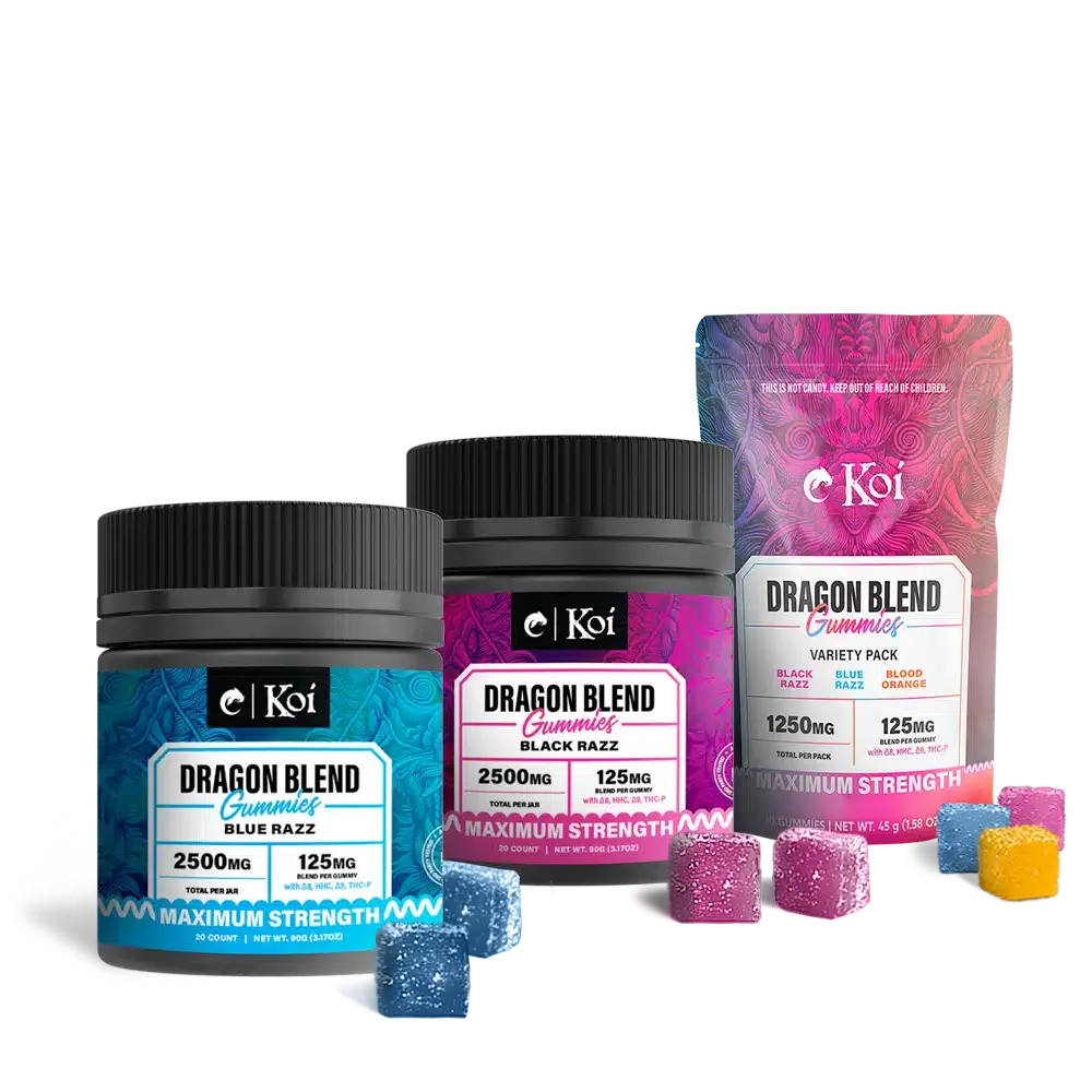 Koi dragon blend gummy collection featuring three options of flavors (black razz, blue razz, and blood orange) and two sizes (20 gummies in a jar, 10 gummies in a pack).