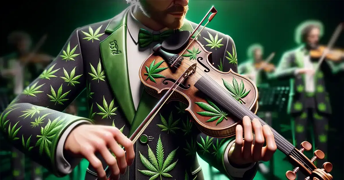 Ultra realistic musician playing a violin wearing a cannabis themed by thcgummies. Com.