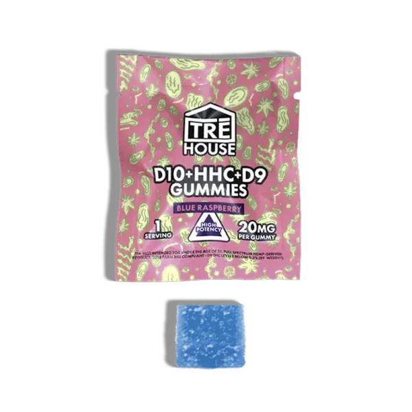 One single-pack of trēhouse blue razz gummies.